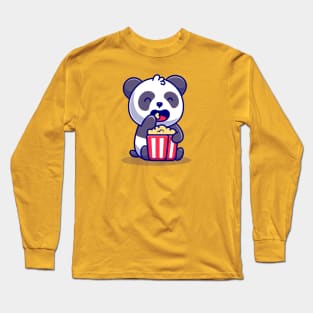 Cute Panda Eating Popcorn Cartoon Long Sleeve T-Shirt